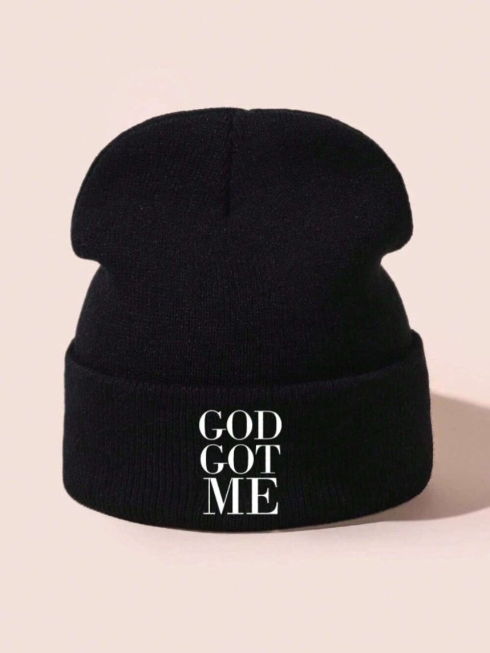GOD GOT ME White Embroidered Knit Beanie Hat - Black